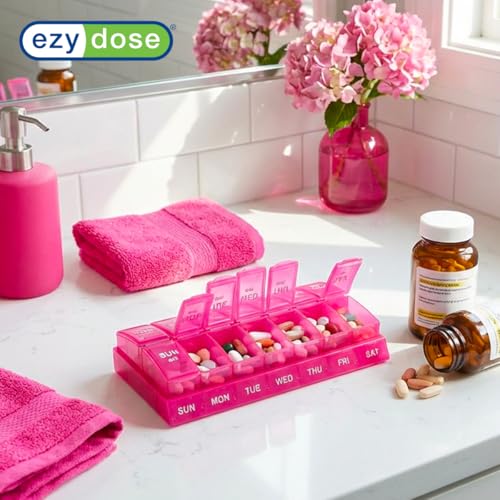 Image of EZY DOSE Weekly, AM /PM Daily Pill Organizer, 7-Day Medicine Planner, Vitamin Container, Small Pop-Out Compartments, 2 Times a Day Pill Holder, Pink, Travel-Friendly, BPA Free