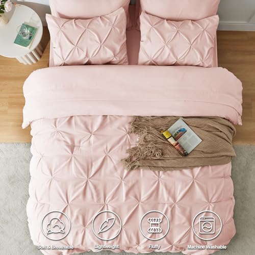 CozyLux Twin XL Comforter Set Blush Pink, 5 Pieces Twin Extra Long Pintuck Bed in A Bag for College Dorm, Pinch Pleat Bedding Set with Comforter, Sheets, Pillowcase & Sham
