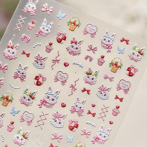 Image of Easter Nail Art Stickers Rabbit Nail Decals Cute Cartoon Nail Stickers for Nails Art Self Adhesive 5D Embossed with Design Bow Nails Charm for Women Girls Kid DIY Manicure Supplies Decoration