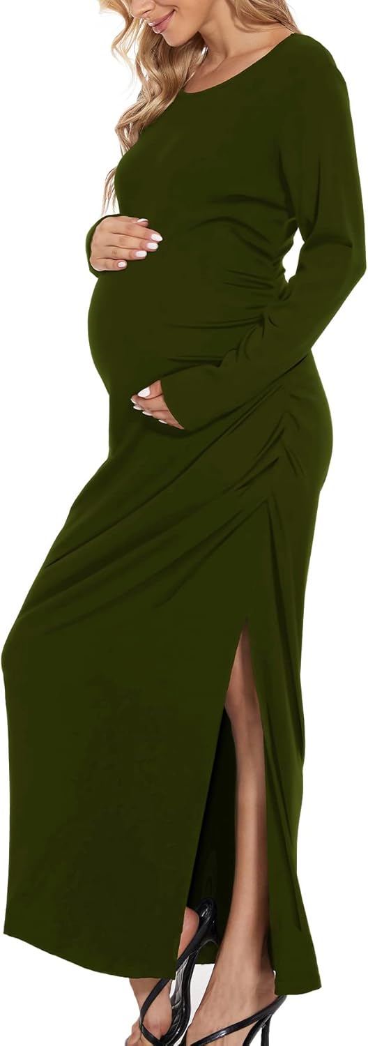 Smallshow Women's Split Maternity Dress Long Sleeve Ruched Pregnancy Clothes - Image 2