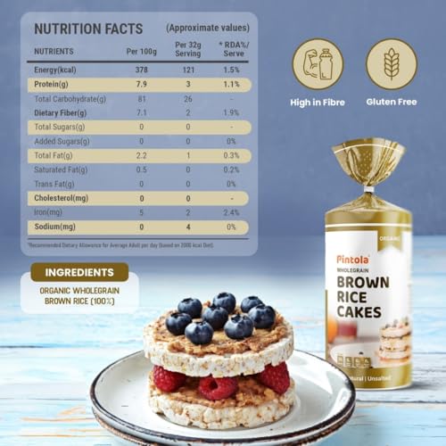 Image of Pintola Organic Brown Rice Cake All Natural Unsalted (130g x 2) | Gluten-Free Snack | 9 Wholegrains | Low Fat | 30 Calories per Cake | Soy & Yeast Free | Healthy Snack for Weight Loss