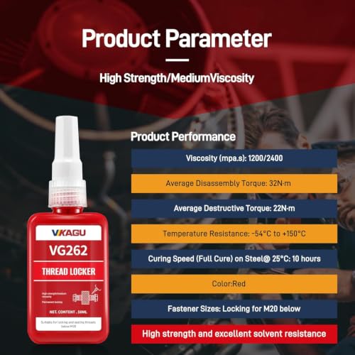 Image of VIKAGU 2 Pack 262 Red Threadlocker High Strength Permanent, Metal Fastener Adhesive for Automotive & Heavy Machinery, Oil & Chemical Resistant, 50ml /1.69oz Each (3.38oz)