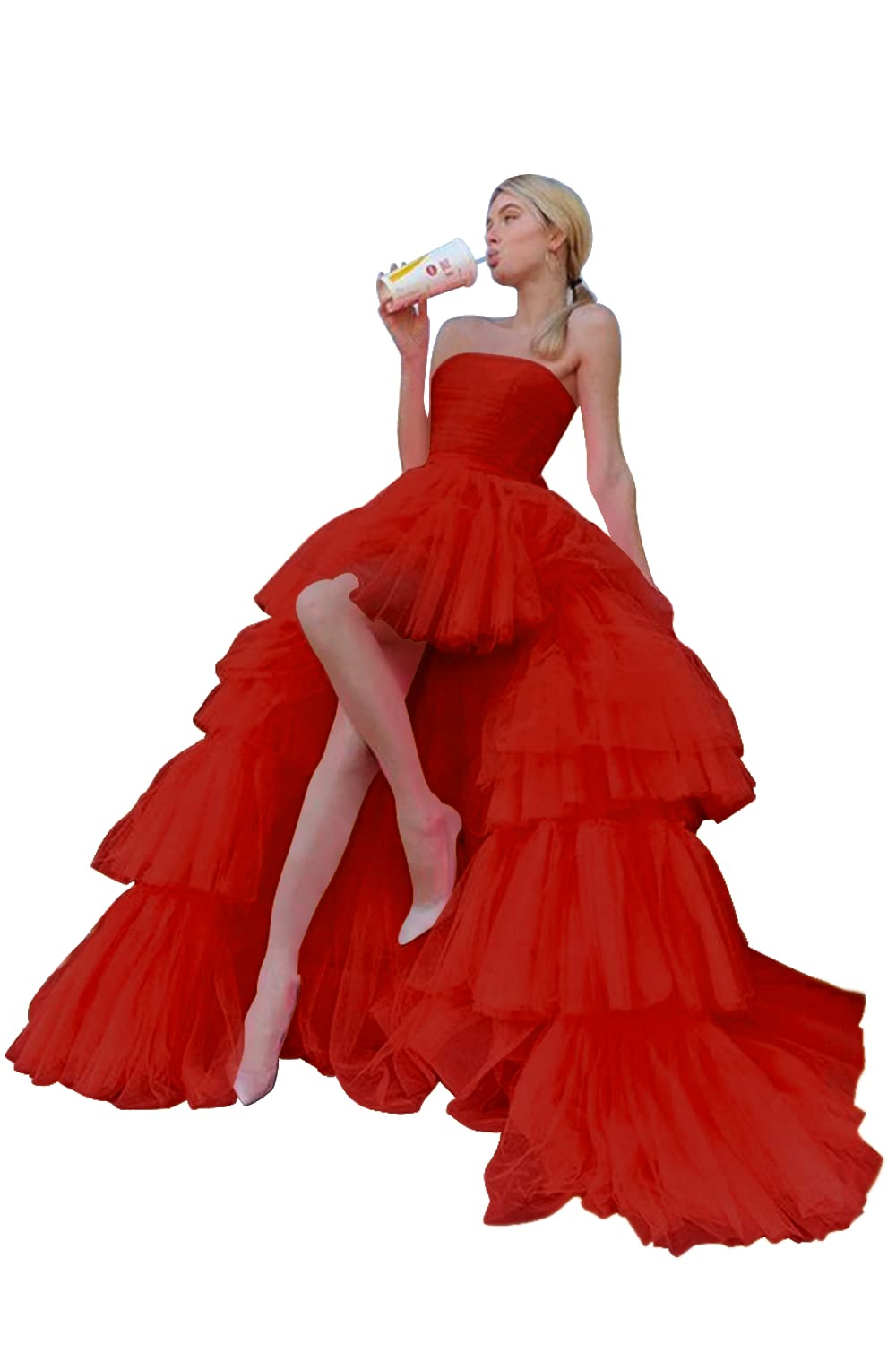 Sevintage High Low Tulle Prom Dress for Women Long Strapless Layered Formal Party Dresses with Train