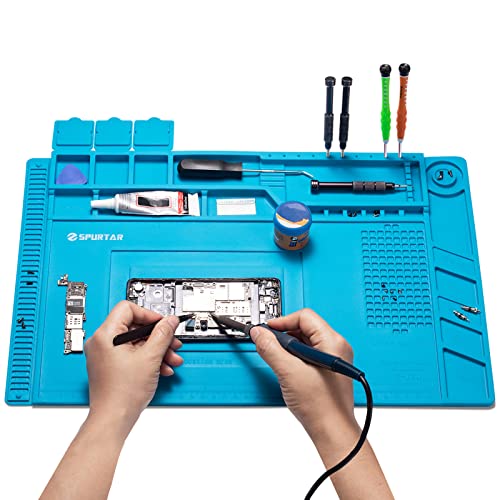 Spurtar Lötmatte Silikon 45 x 30 cm, Lötstation Silikon-Arbeitsmatte, hitzebeständig, 500°C, magnetische Matte für Elektronik, Löten, Telefon, Laptop, iPad, Uhrenreparatur, Schmuck