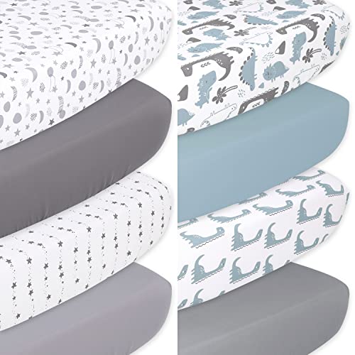 Image of The Peanutshell Celestial Stars and Dinosaur Fitted Crib Sheets | Unisex 8 Pack | Grey, Blue, White