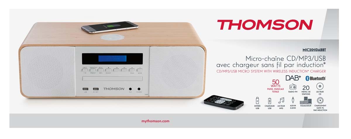 THOMSON Micro Chaîne Bluetooth Lecteur CD Enceinte HiFi 50W Radio FM DAB+ Chargeur Smartphone sans Fil Induction Compatible Iphone Samsung Galaxy Port Aux USB MP3