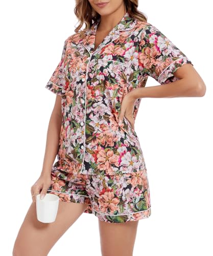 Image of LUBOT 100% Cotton Pajamas for Women 2 Piece PJ Set Poplin Woven Lightweight Ladies Button Short Sleeve Sleepwear S-XXL