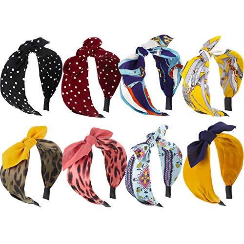 8 Pieces Knotted Turban Headbands Bowknot Bows Wide Headbands Elastic Hair Accessories with Different Styles for Women and Girls, 8 Colors
