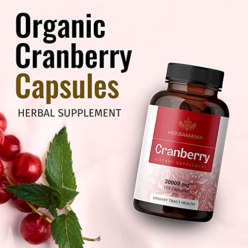 Herbamama Cranberry Capsules - High-Potency 50:1 Concentrate - Organic Nutritional Supplement For Urinary, Bladder & Immune System - Vegan, Non-Gmo Dietary Pills - 30000Mg, 100 Caps #TOP4