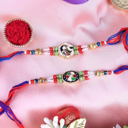 Image of Traditional Handmade Beaded Rakhi For Raksha Bandhan| Hand Bracelet For Brother| Wrist Band For Bhaiya & Bhabhi | Trendy Combination Designs Protective Thread Combo-Set Of 2