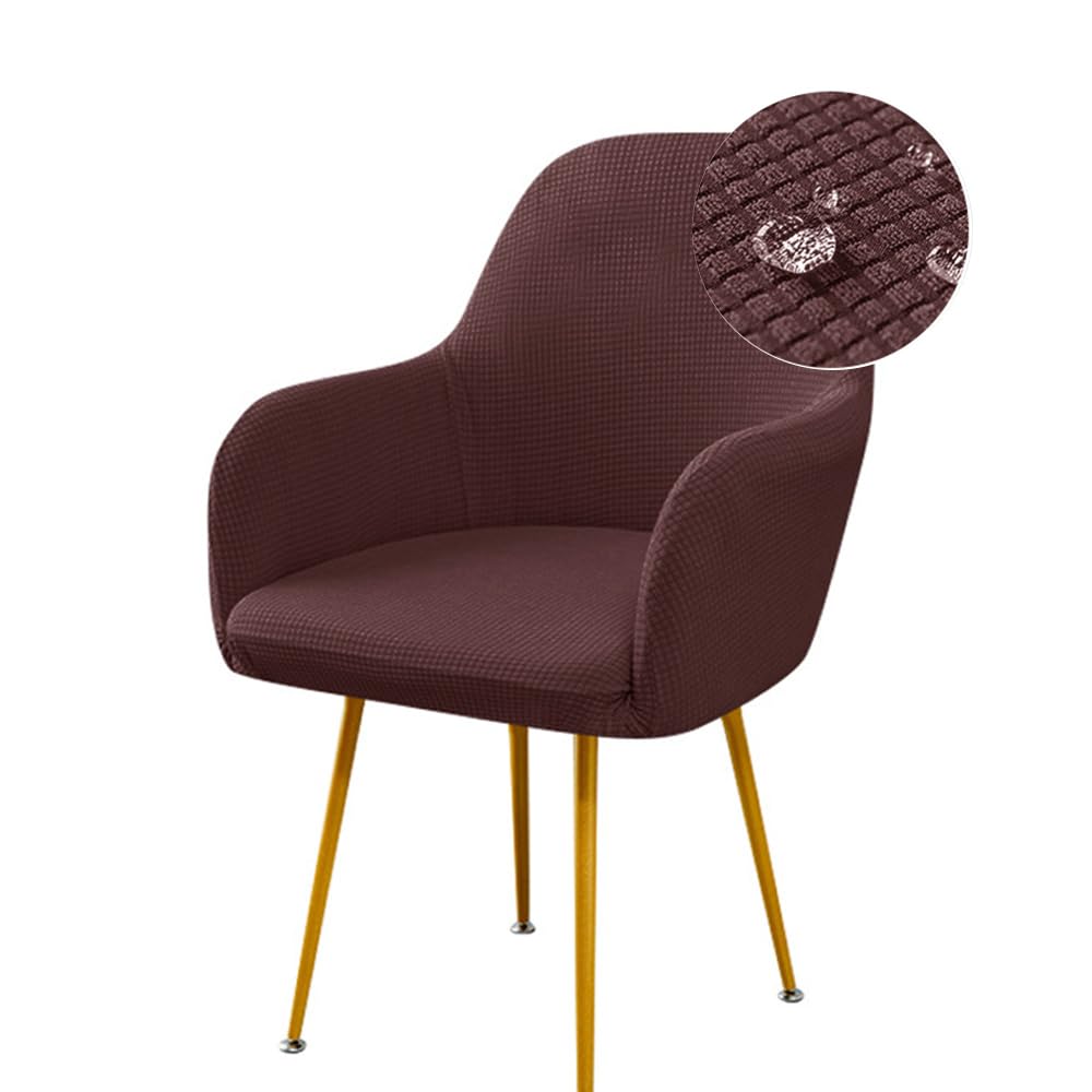 Highdi Stretch Dining Chair Covers Waterproof Jacquard Curved Back Chair Slipcovers with Armrest, Vanity Swivel Armchair Cover Removable Washable for Bedroom Party Hotel (2 PCS,Dark Brown)