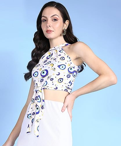 Image of POPWINGS Women Casual Yellow Eye Printed Sleeveless Halter Neck String Knot Crop Top | Women Tops | Women Regular Tops | Women Tops | Women Stylish Tops