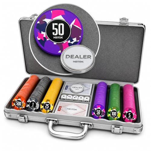 HEITOK Mallette Poker 300 Jetons 11,5g Lourds – Set Professionnel avec Jetons Numérotés ABS Métal, Valise Aluminium, Cartes, Bouton Dealer pour Texas...