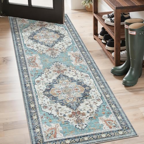 Image of GENIMO 80x200cm Runner Rug Washable Non-Slip - Boho Vintage Low Pile Carpet for Hallway, Living Room, Bedroom | Ultra Thin Lightweight Non-Shedding Rug for Kids Room (Cyan Blue)