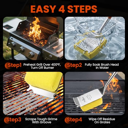 Image of Grill Brush for Outdoor Grill, Bristle Free Grill Brush with Scraper | Safe Steam Grill Cleaner for BBQ&Griddle, Long Rosewood Handle Reaches Corners,for Porcelain,Cast Iron&Stainless Steel Grates