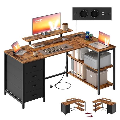 VASAGLE Bureau d’Angle en Forme de L, Prises Intégrées, Bureau Informatique, Configuration Réversible, Étagères Réglables, 4 Tiroirs, 2 Ports USB, 140...