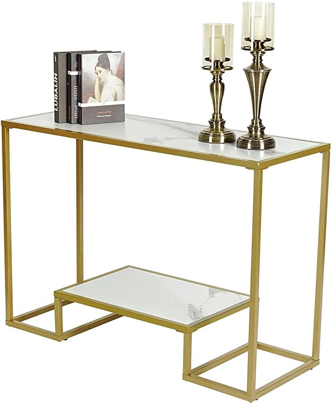 Akriti Modern White & Gold Marble Texture Console Table, Entryway Table