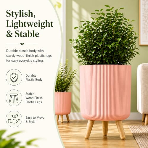 Image of Eightiz Store Modern Pink Flower Pot with Plastic Legs | Indoor Outdoor Planter for Home Garden Balcony Decor Ribbed Design Sturdy Plastic Mid-Century Style (Pink, Pack of 2)