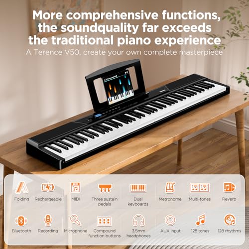 TERENCE Keyboard Piano 30W Lautsprecher faltbares elektronisches Klavier, 88 Tasten gewichtete dynamische Tastatur, Sensor Spiegel Touchpad, ausgestattet mit Bluetooth und MIDI Schnittstellen