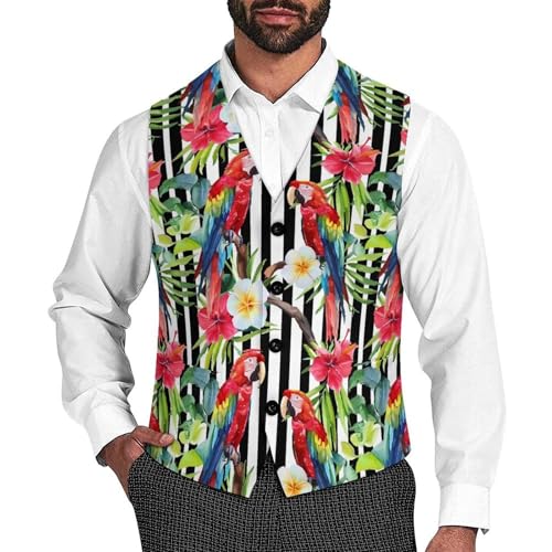 Macaw Parrot Flowers Novelty Men's Suit Vest Casual Formal Dress Vests Business Waistcoat