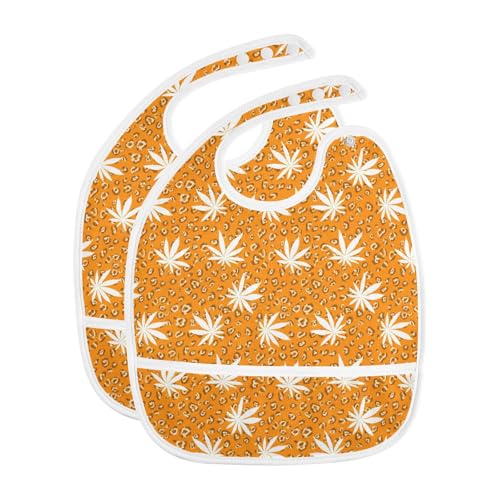 MCHIVER Leopard Leaves Orange Baby Bibs for Boys Girls Toddlers Waterproof Feeding Bib Apron with Food Cather Adjustable Cotton Food Eating Bib 2 Pack