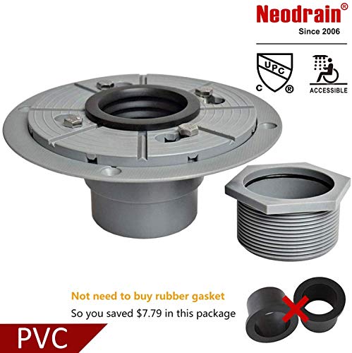 Neodrain PVC Shower Drain Base Kit Include 2 Inches PVC Shower Drain Base Flange, Threaded Adjustable Adaptor and Rubber Coupler Gasket for Square&Linear Shower Drain Installation