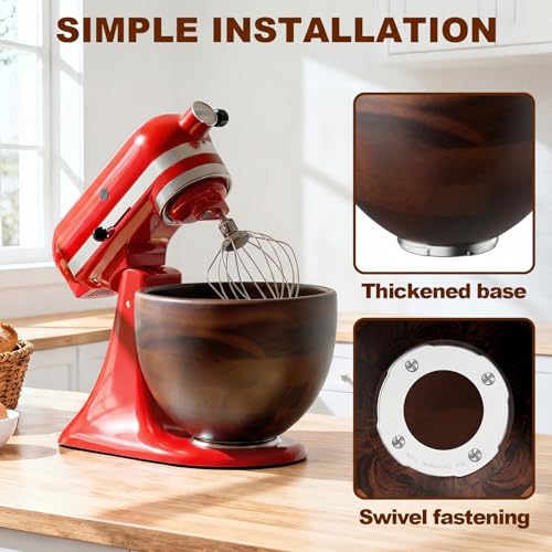 Image of Cofun Premium Wood Mixing Bowl, Compatible with 4.5-5 Qt Tilt-Head Stand Mixers, Natural True Wooden Bowls, 5 Qt Kitchen Aid Bowls for Mixer with Stainless Steel Locking Base