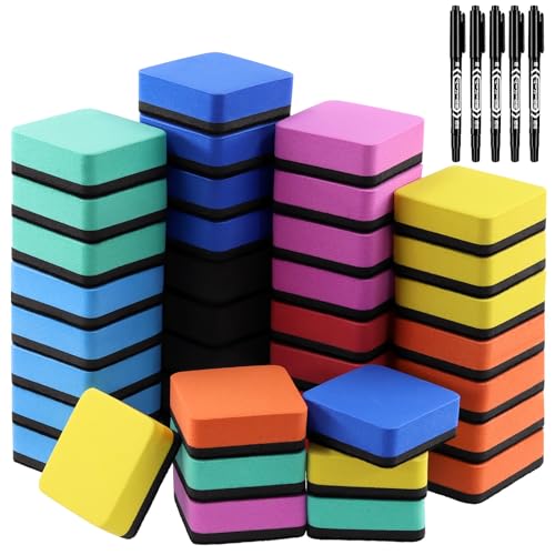 Tanstic Lot de 45 gommes effaçables à sec avec marqueurs effaçables à sec, effaceur magnétique pour tableau blanc, effaceur à sec pour salle de classe, maison et bureau (8 couleurs, 5,1 x 5,1 x 1,9