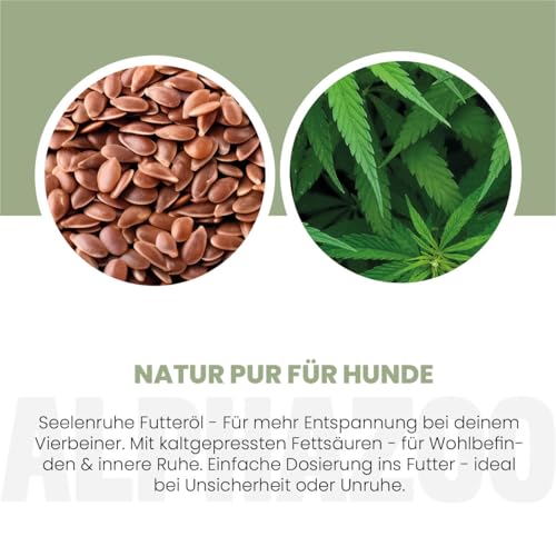alphazoo Seelenruhe Futteröl für Hunde 100 ml - Leinöl kaltgepresst mit Baldrian & Hopfen - Omega-3 Omega-6 Fettsäuren - Futterergänzung ohne künstliche Zusätze - für Silvester Autofahrt Gewitter