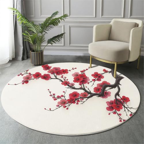 Tapis rond salon lavable rouge avec fleurs de prunier 120cm