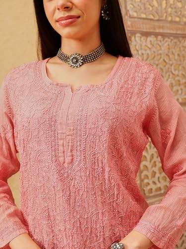 Image of Ada Women's Cotton Blend Regular Fit Tunic Hand Embroidered Lucknowi Chikankari Kota Western Top Kurti With Slip A911184