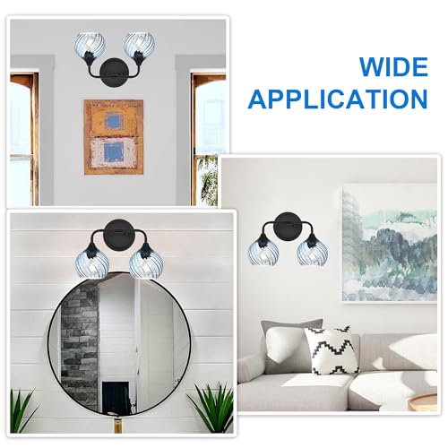 Image of MELUCEE 15 Inch 2 Light Bathroom Wall Lights with Blue Striped Swirl Glass Shade, Black Bathroom Lights Over Mirror Vanity Lighting Fixtures Wall Lamp for Bathroom, Living Room, Hallway