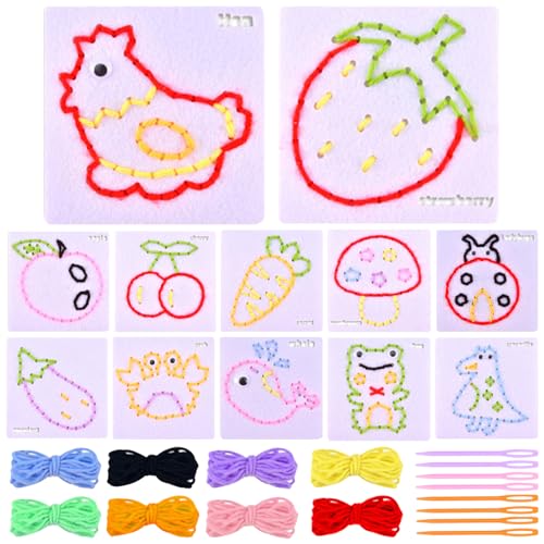 MLPKOI 12 Piezas Kit Costura Niños de Fieltro, Juguete Educativo, Juegos de Costura para Niños, Bricolaje y Bordado, para Principiantes y Niñas