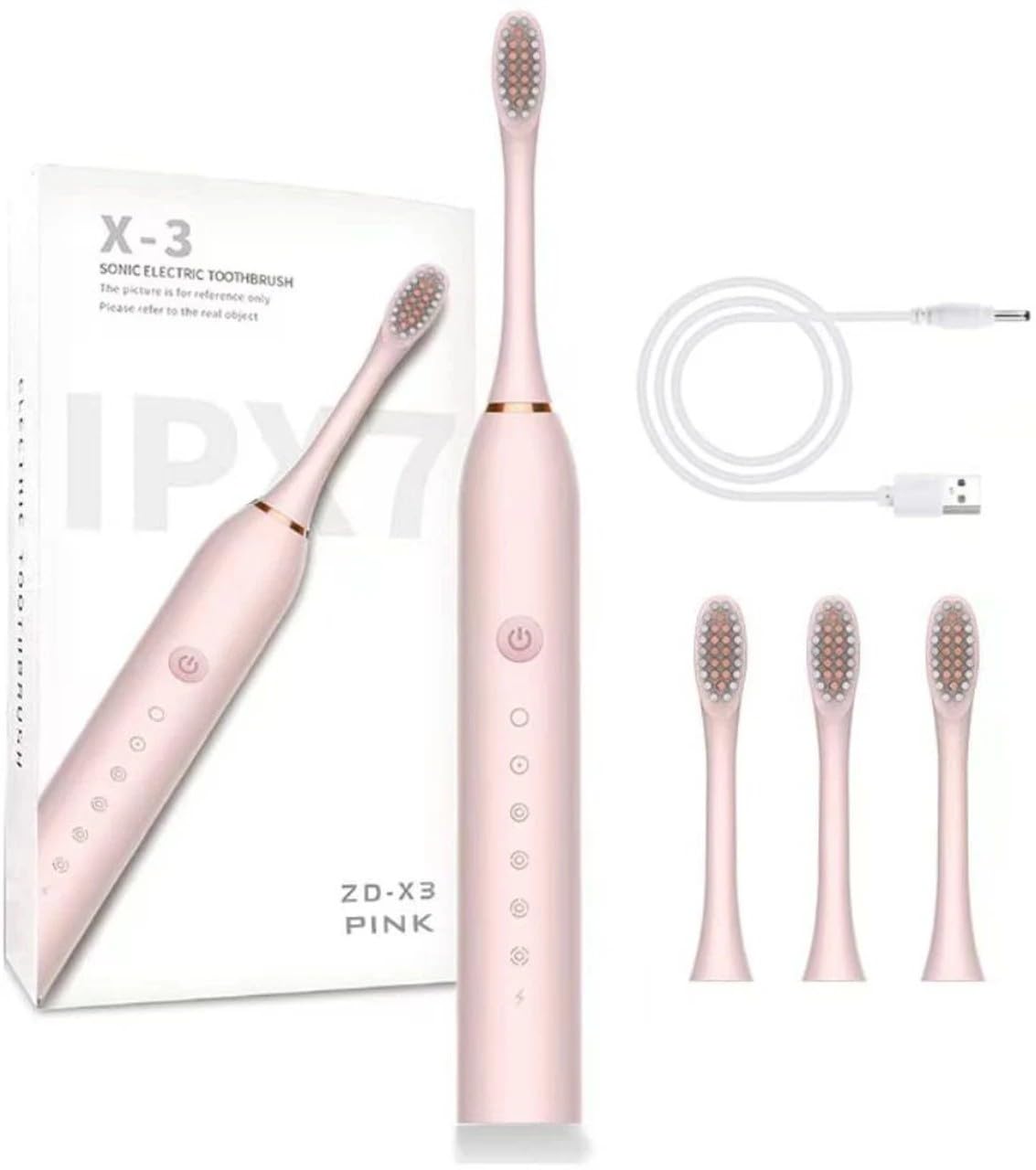 X-3 Sonic Electric Toothbrush with 3 Brush Heads, | IPX7 Waterproof, USB Charging Cable, Multiple Modes, Rechargeable, ZD-X3 Model-image-41