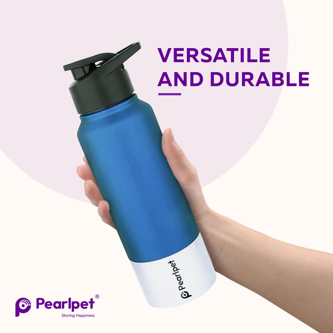 PEARLPET Sportskool Round Stainless Steel Single Wall Water Bottle 750ml | Leakproof, Durable, Reusable | For Gym, School, Office, Fridge Use | Pack of 1 (Blue) 2