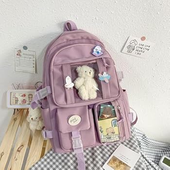 7VSTOHS Kawaii School Backpack for Girls, Cute Aesthetic Backpack, School Book Bag with Pin and Accessories, White