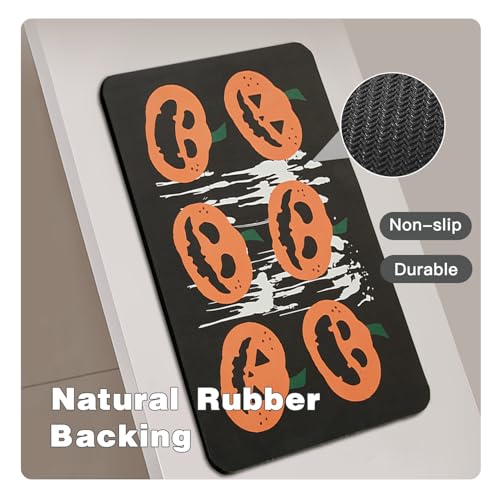 Halloween Bath Mat, Thin Halloween Bathroom Rug Non-Slip Quick Dry Pumpkin Bath Mat Fits Under Door Thin Floor Mat Halloween Decor, 17’’x30‘’, Pumpkins Black