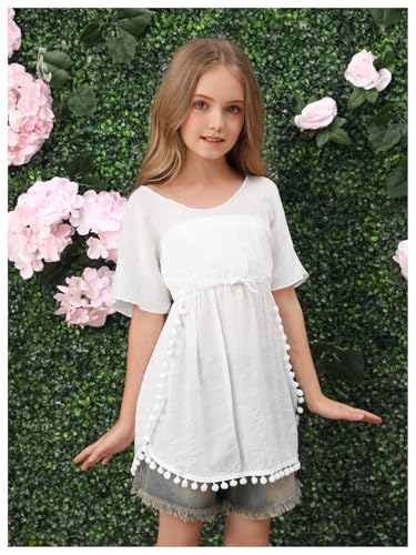 Image of SOLY HUX Girl's Short Sleeve Swimsuit Coverups Fringe Trim Swim Cover Up Beach Dress Beachwear