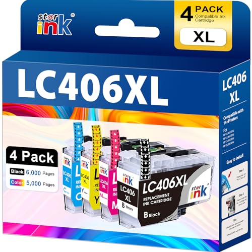 Starink LC406XL LC406 Ink Cartridges for Brother Printer LC406XL LC406 Compatible with Brother MFC-J4535DW MFC-J4335DW MFC-J5855DW MFC-J6555DW MFC-J6955DW Printer (4 Pack Black Cyan Magenta Yellow)