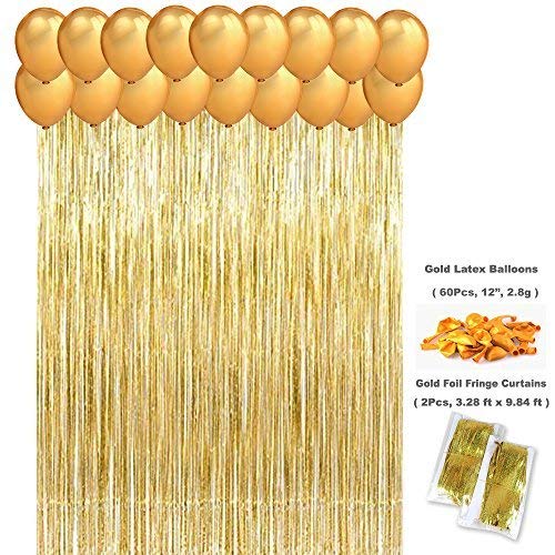 Jindal Party Products Metallic Fringe Foil Curtain for Birthday | Wedding | Anniversary Decoration Party || Size-3 Feet by 6 Feet (Golden-4Pcs) + HD Metallic Finish Balloons (Golden) Pack of 150