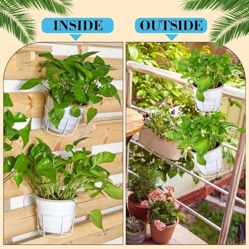 Image of Anti Rust Round Hanging Planters for Balcony Grill | Metal Flowerpot Gamla Stand | Balcony Railing Planter (8, White)