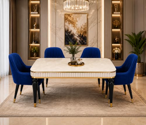 Image of 4 Seater Dining Table Set with Nano Composite Marble Top, Solid Wood Base & 4 Upholstered Chairs, Modern Dining Table Set for Home & Dining Room Furniture (Blue, White Marble Top, 4 Seater)