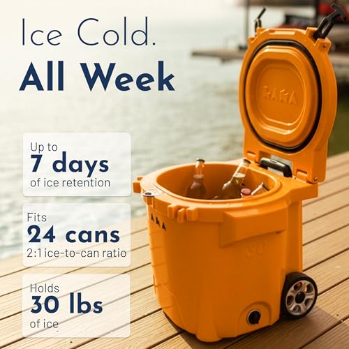Image of Laka Cooler with Wheels - 30QT Rotomolded Insulated Rolling Hard Cooler, Telescoping Handle, Holds 24 Cans + Ice, Up to 7 Days Cold, Drain Plug, Cup Holders + Bottle Opener, Beach /Camping /Boat
