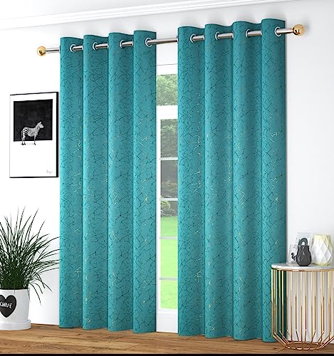 Image of Premium 80-85% Blackout Curtains with Gold Printed Foil Door Curtains 7 Feet Long Set of 2 Pcs Room Darkening Curtains /Parde for Home Decor, Aqua Color Curtain 4x7 feet Parde