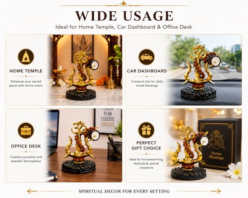 Image of Hindu Trishul Damroo Idol with Original Rudraksha | Small Murti for Car Dashboard, Home Decor, Office Table, Pooja | Spiritual Gift Item | 11 cm