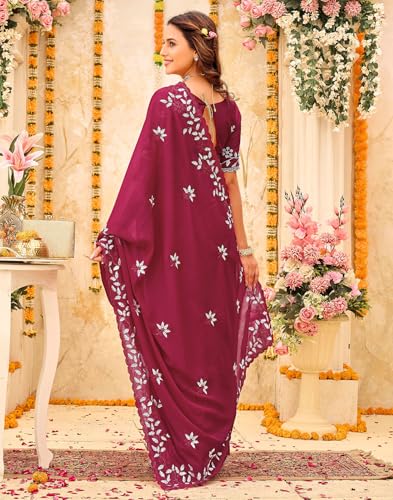 Image of SIRIL Women's Shimmer Georgette Embroidery & Scalloped Border Saree With Unstitched Blouse Piece