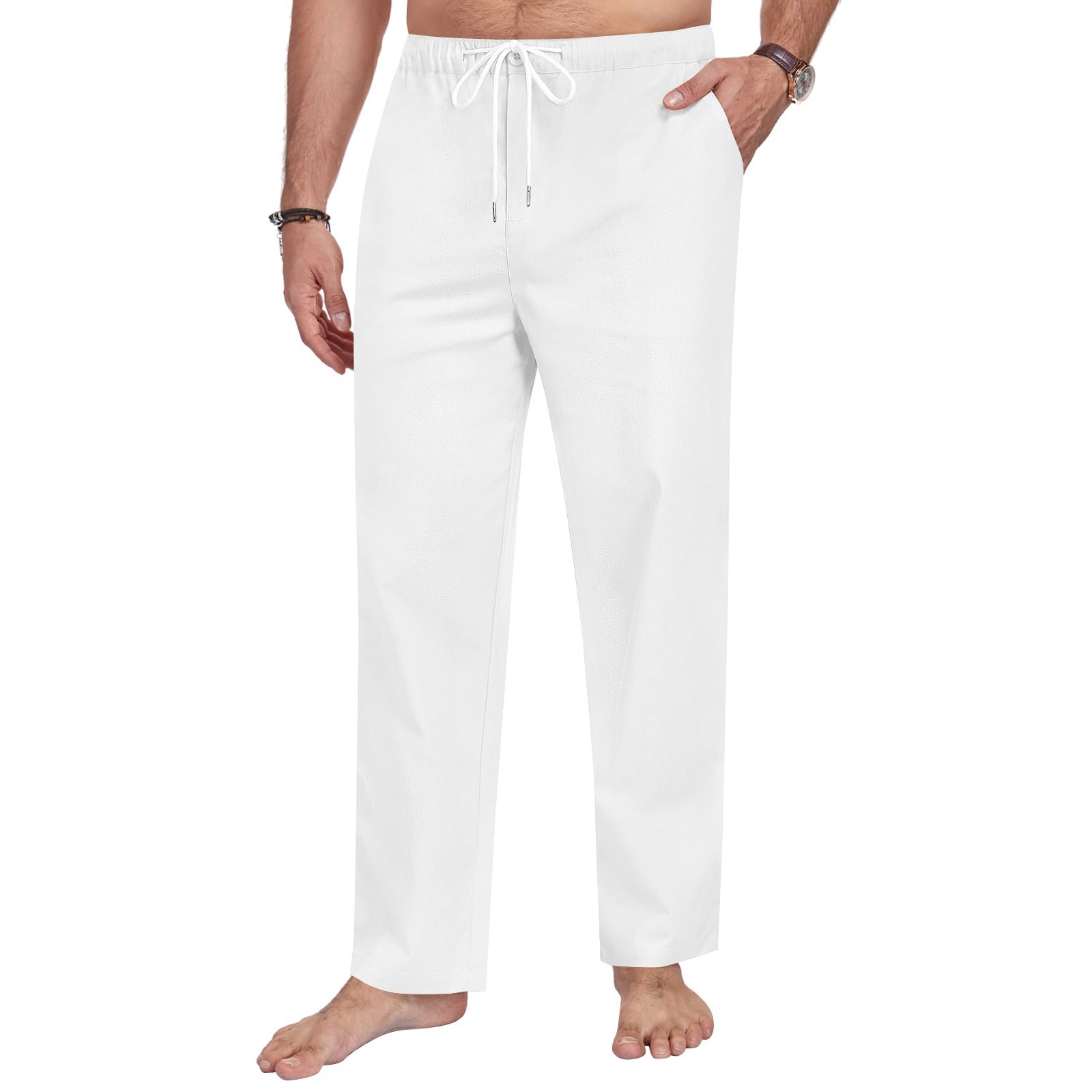Litthing Herren Baumwolle Leinenhose Leicht Sommerhose Baggy Jogginghose Elastischem Bund Freizeithose mit Kordelzug und Taschen für Urlaub Strand Täglichen