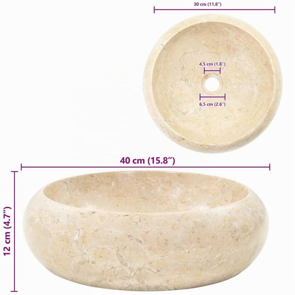 vidaXL Lavabo Mármol Mobiliario para Cuarto de Baño Grifos Decoración Casa Hogar Robusto Elegante Moderno Bricolaje Fontanería Color Crema 40x12cm Piedra Natural