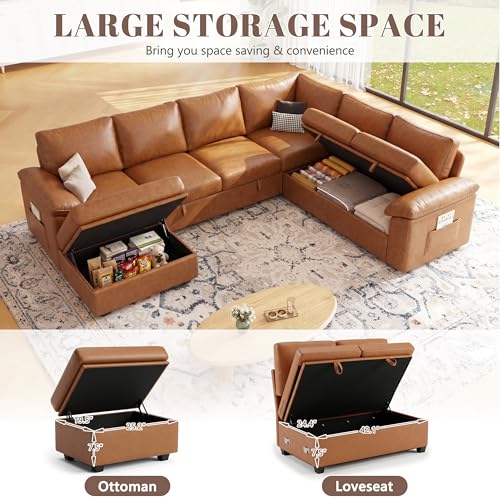 Image of 108 Inch Faux Leather Modular Sectional Sofa with Pull Out Bed,U Shaped 7 Seat Sectional Sleeper Sofa with Storage,Sectional Couches for Living Room,Cloud Modular Couch,Brown Leather