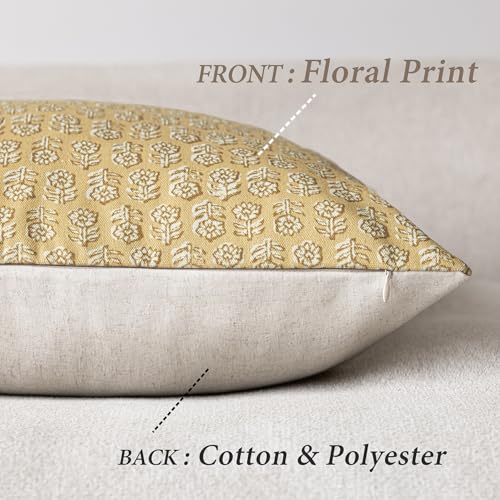 Image of Foindtower Set of 2 Decorative Neutral Floral Print Throw Pillow Covers Vintage Accent Farmhouse Cushion Covers Boho Home Decor For Sofa Couch Chair Bedroom Living Room Outdoor,20x20 Inch,Light Yellow